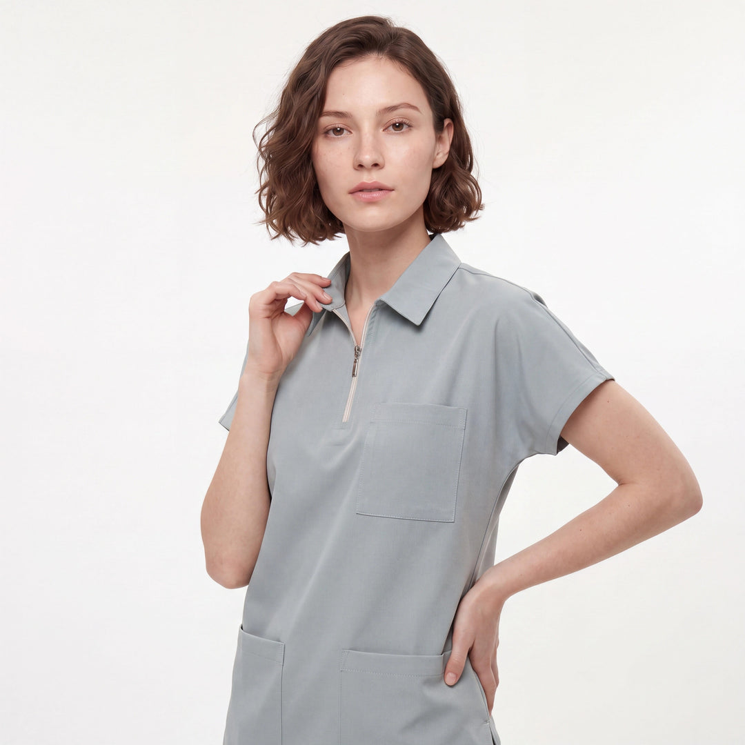 Premium Likralı Zipper Seri Kadın Buz Mavisi Üniforma Üst