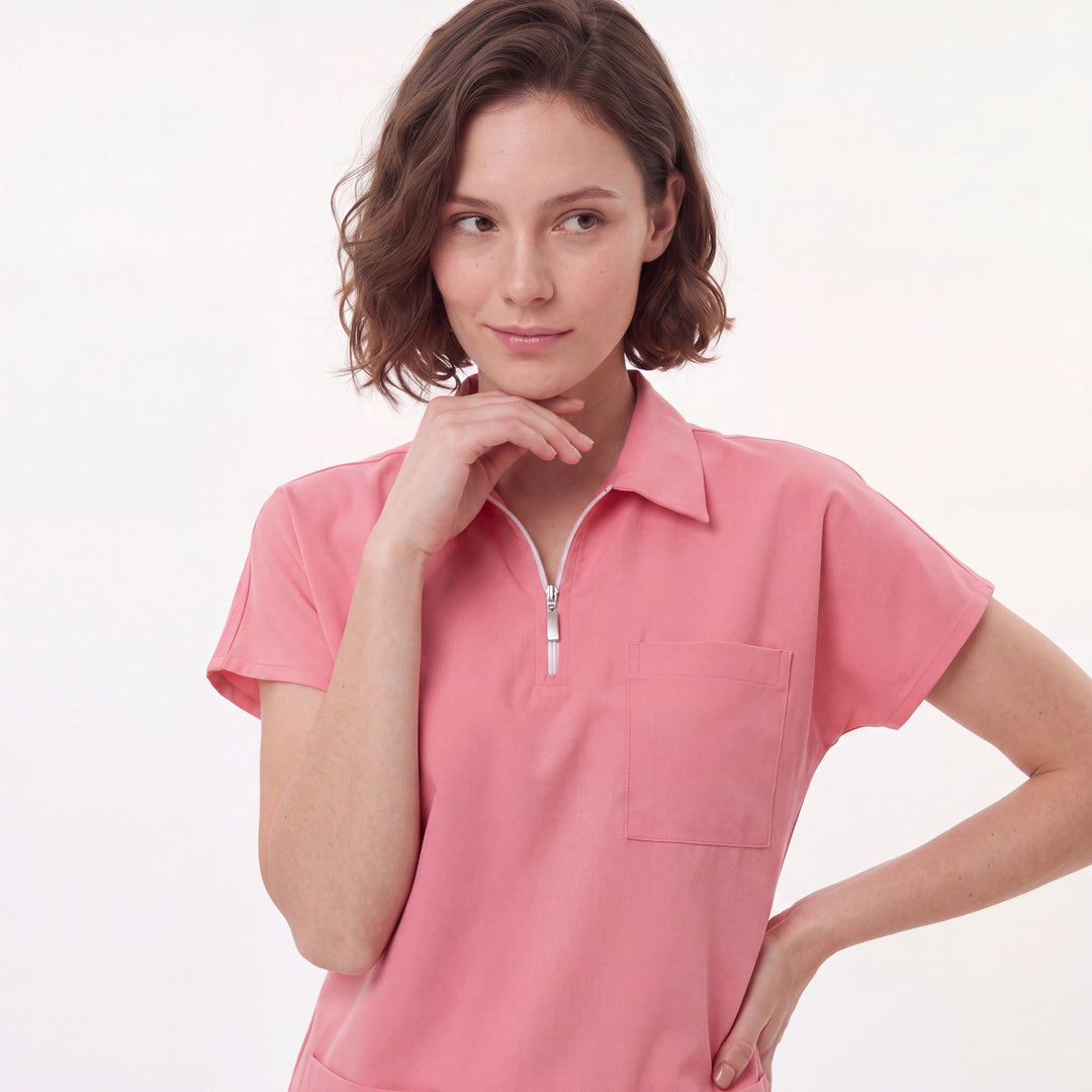 Premium Likralı Zipper Seri Kadın Pembe Üniforma Takımı