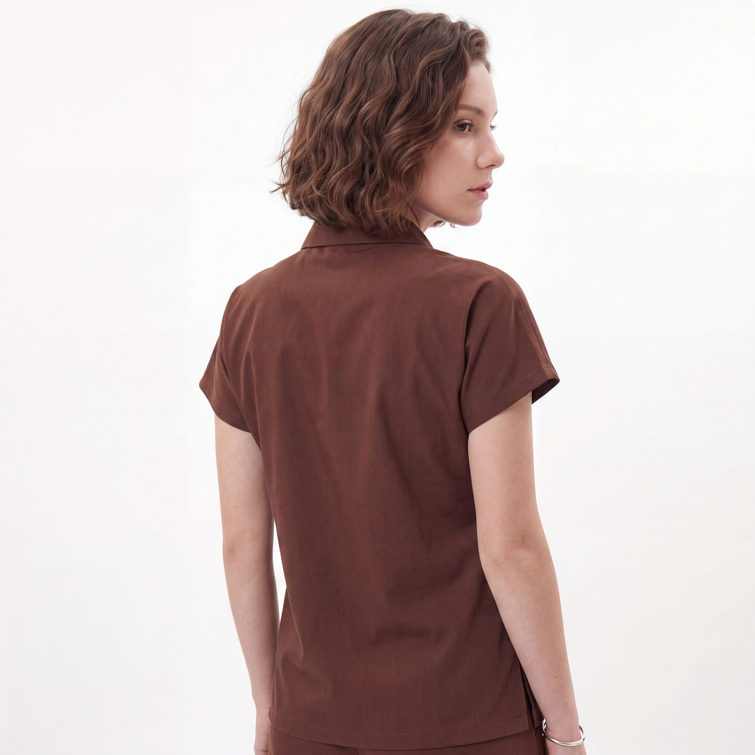 Premium Likralı Zipper Seri Kadın Kahverengi Üniforma Üst