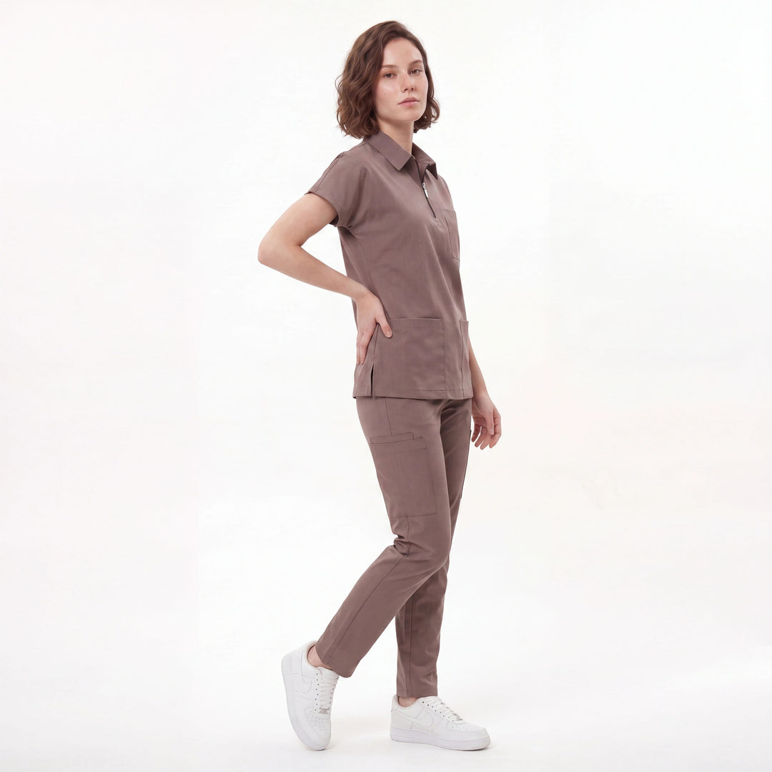Premium Likralı Zipper Seri Kadın Karamel Üniforma Üst