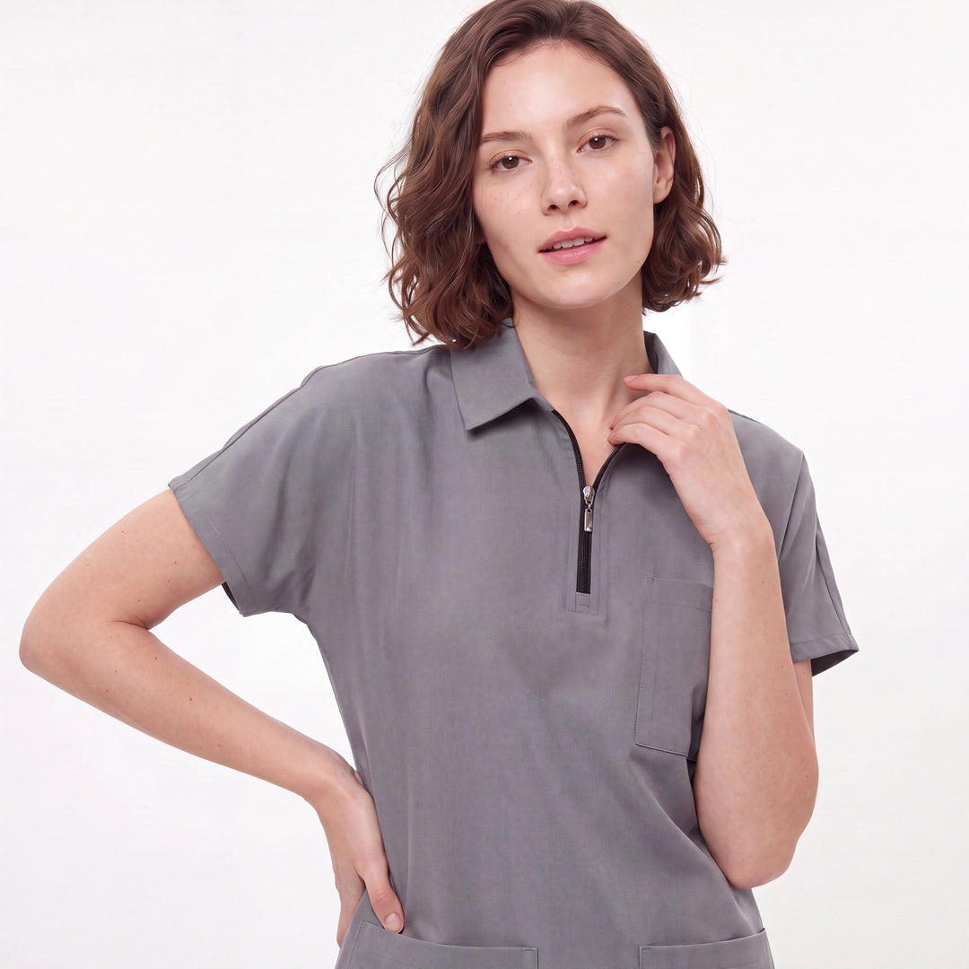 Premium Likralı Zipper Seri Kadın Duman Gri Üniforma Takımı