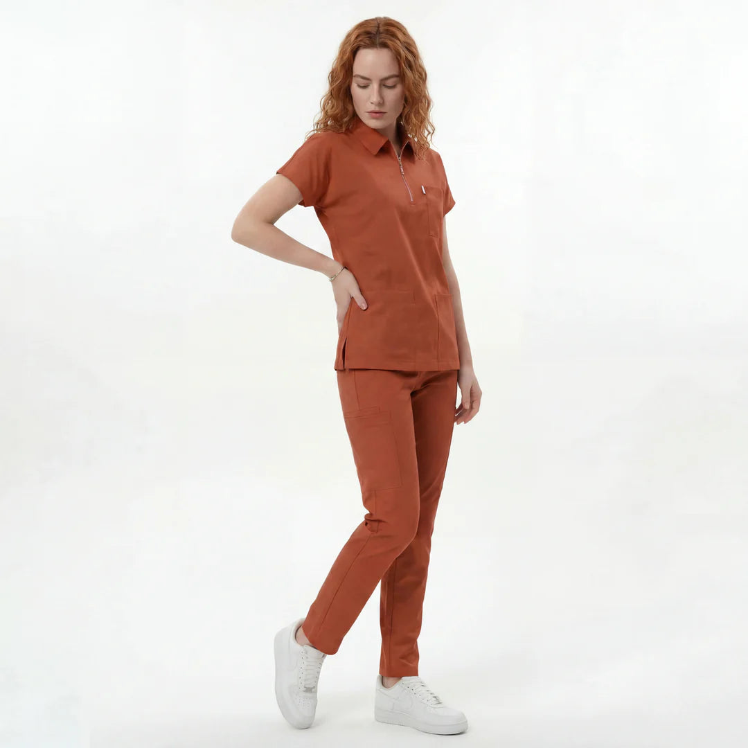 Likralı Zipper Seri Kadın Kiremit Üniforma Alt