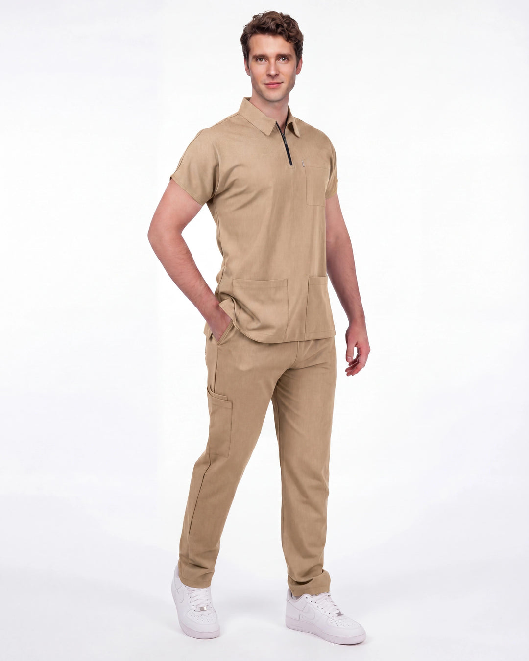 Premium Likralı Zipper Seri Erkek Bej Üniforma Üst