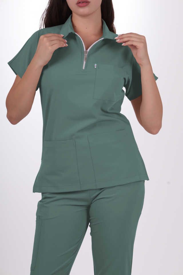 Premium Likralı Zipper Seri Kadın Küf Yeşili Üniforma Takımı