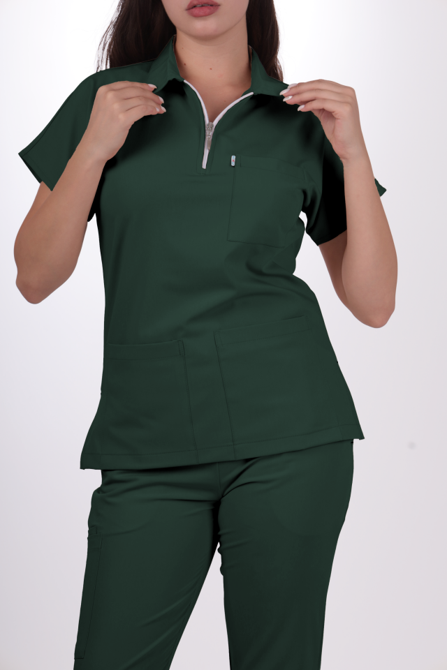 Premium Likralı Zipper Seri Kadın Avcı Yeşili Üniforma Takımı