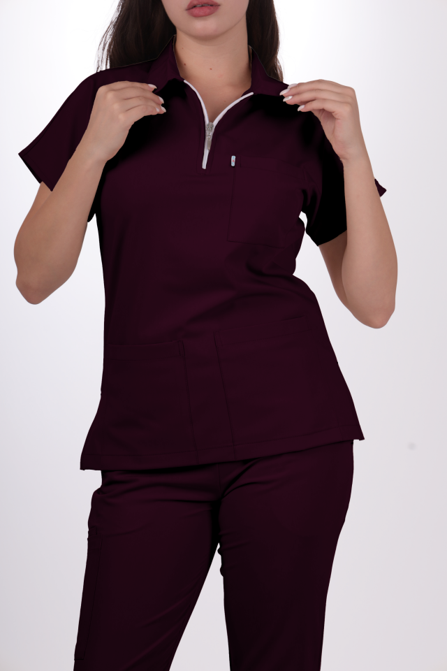 Premium Likralı Zipper Seri Kadın Mürdüm Üniforma Takımı