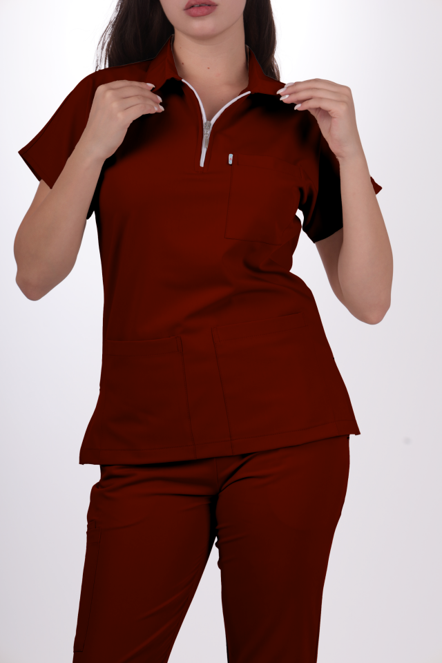 Premium Likralı Zipper Seri Kadın Bordo Üniforma Üst