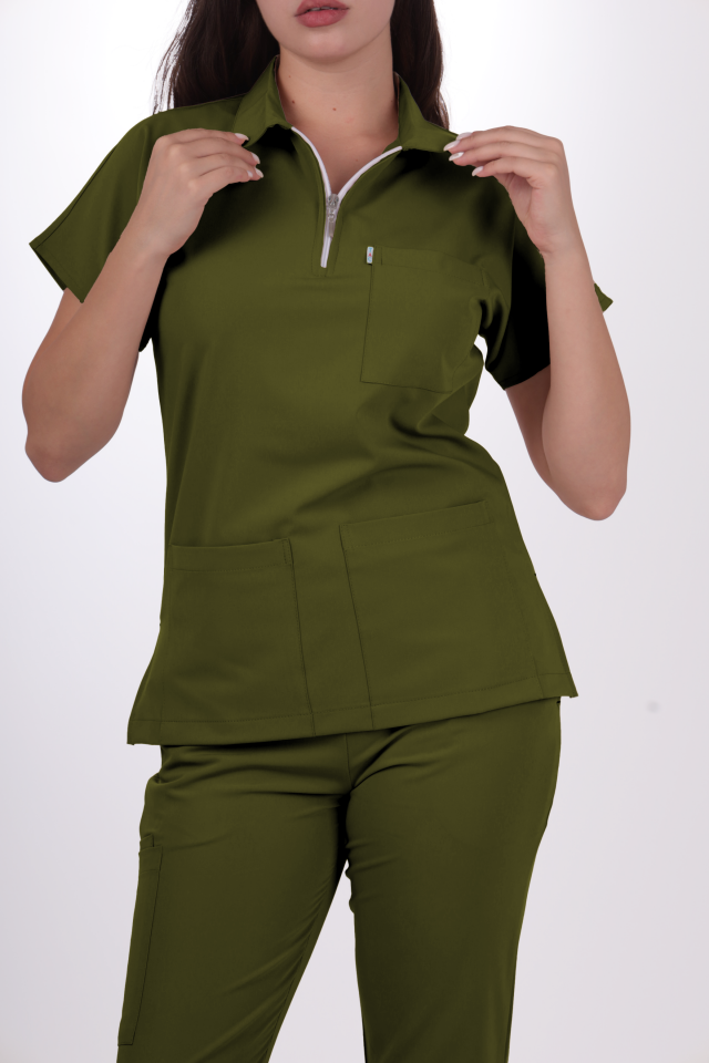 Premium Likralı Zipper Seri Kadın Yağ Yeşili Üniforma Takımı