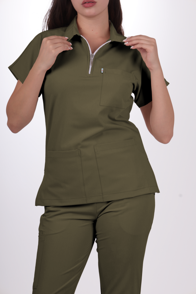 Premium Likralı Zipper Seri Kadın Haki Üniforma Takımı