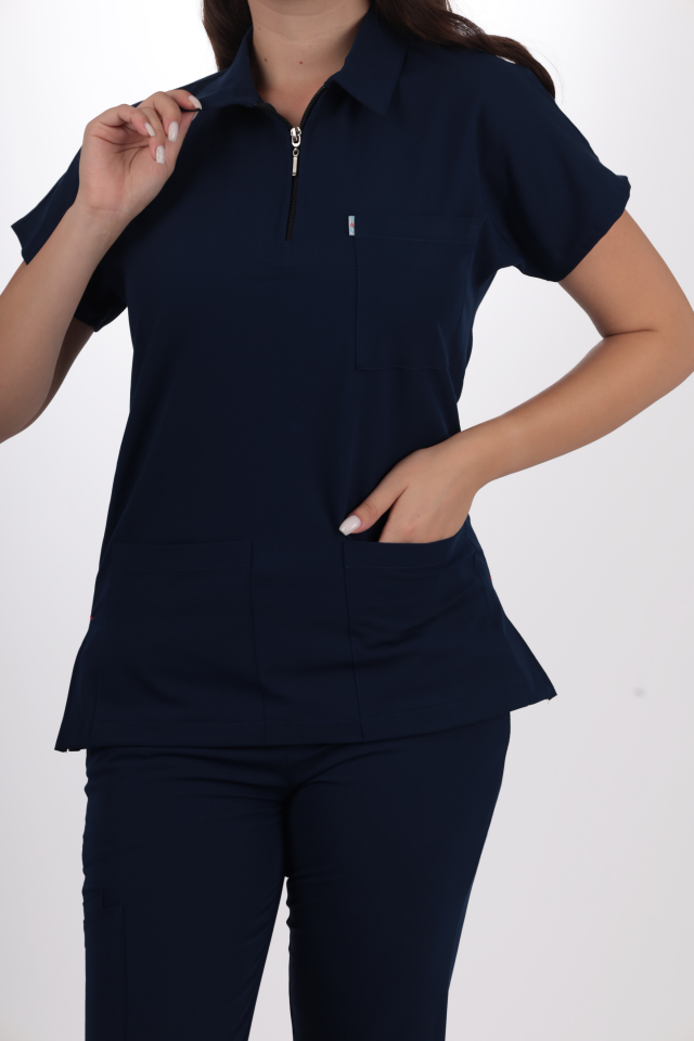 Premium Likralı Zipper Seri Kadın Lacıvert Üniforma Takımı