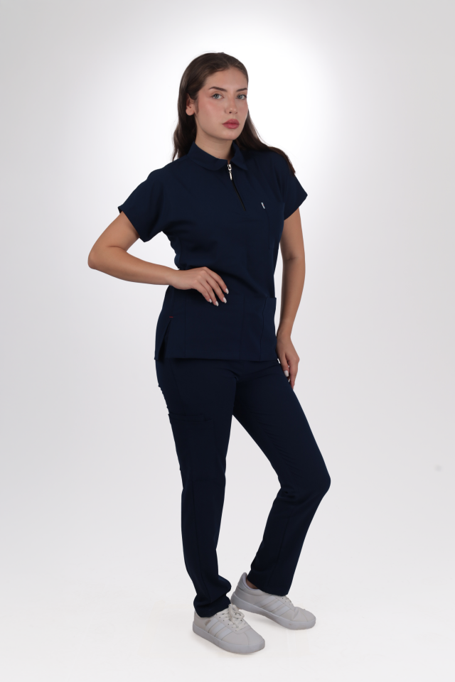Premium Likralı Zipper Seri Kadın Lacıvert Üniforma Takımı