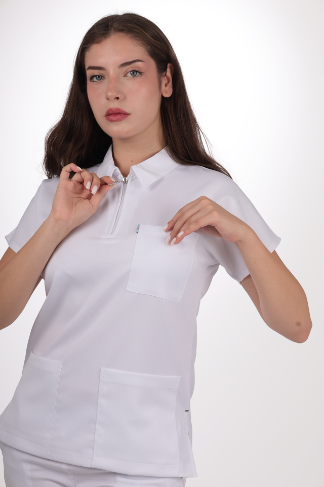 Premium Likralı Zipper Seri Kadın Beyaz Üniforma Takımı