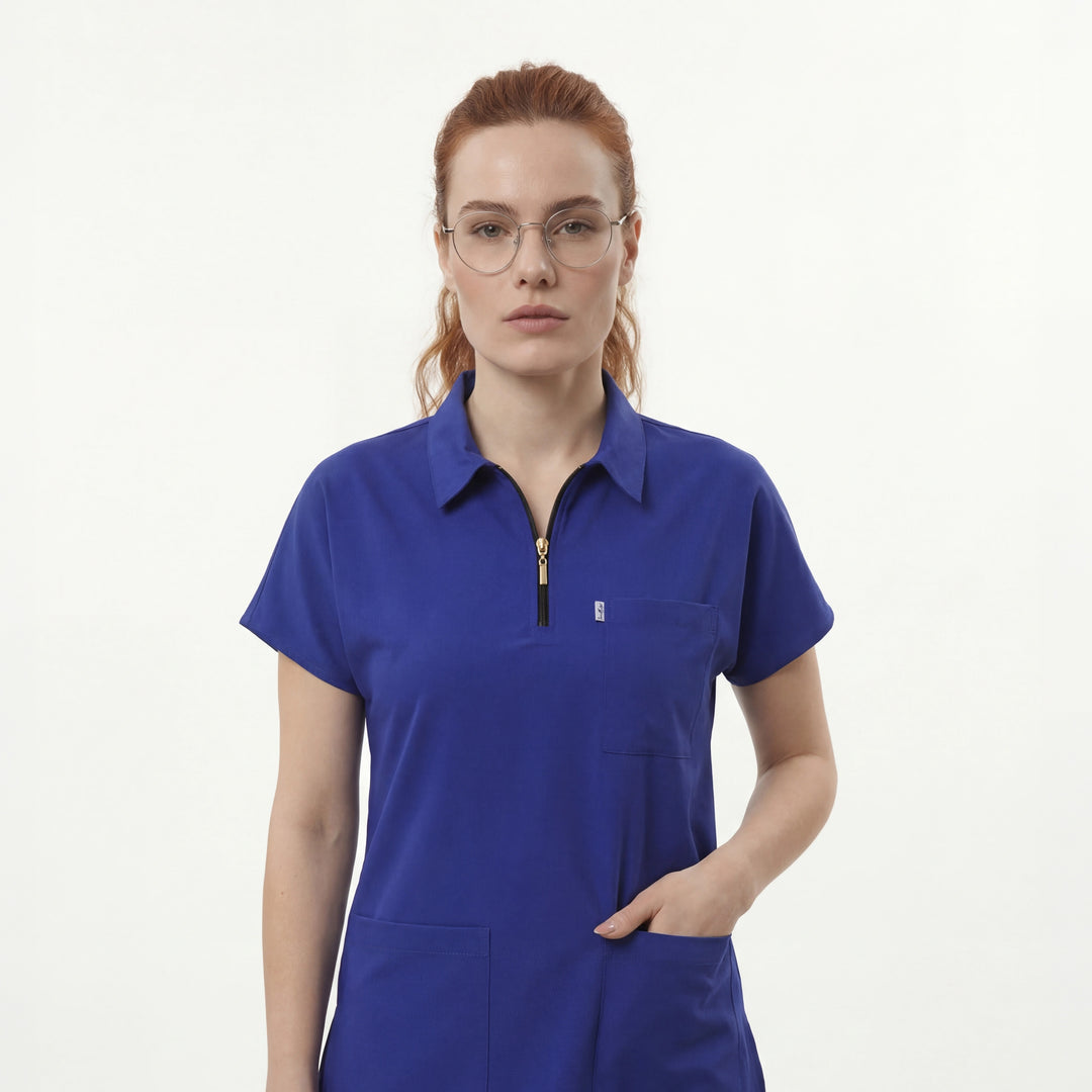 Likralı Zipper Seri Kadın Saks Mavisi Üniforma Üst