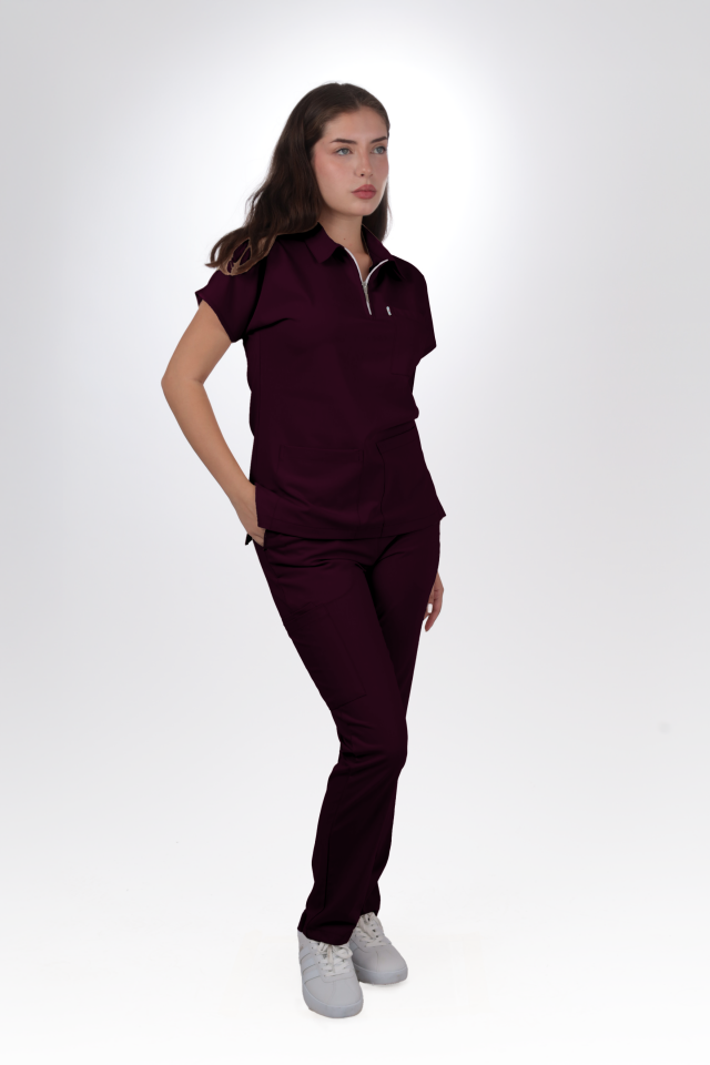 Premium Likralı Zipper Seri Kadın Mürdüm Üniforma Takımı