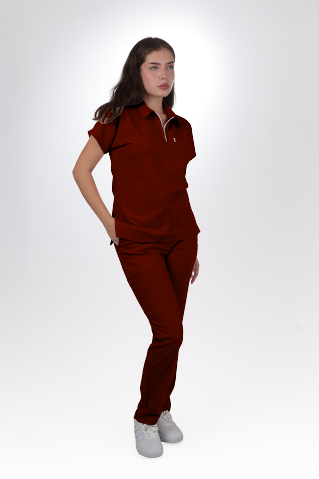 Premium Likralı Zipper Seri Kadın Bordo Üniforma Takımı