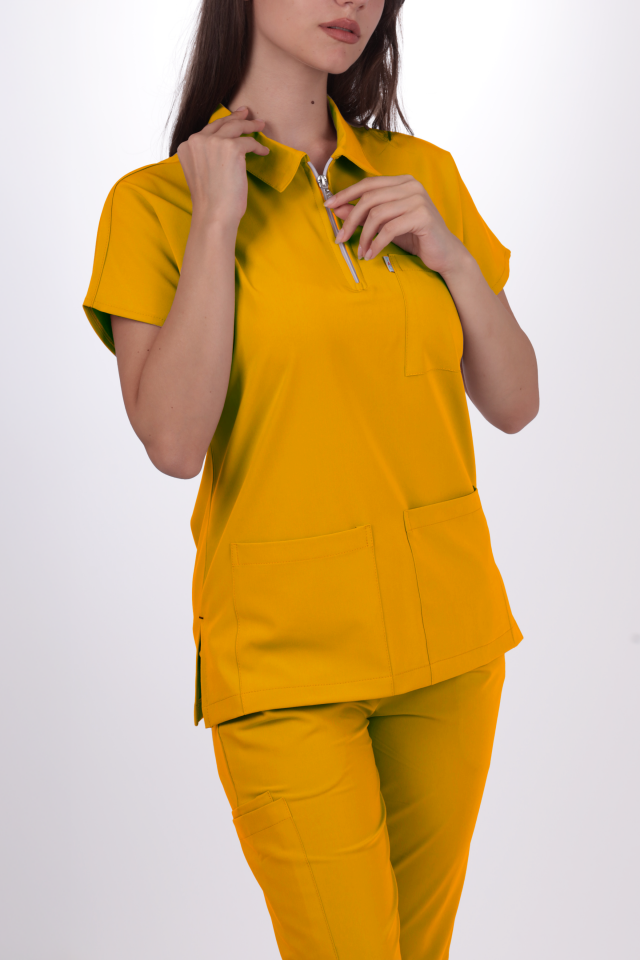 Premium Likralı Zipper Seri Kadın Hardal Sarısı Üniforma Takımı