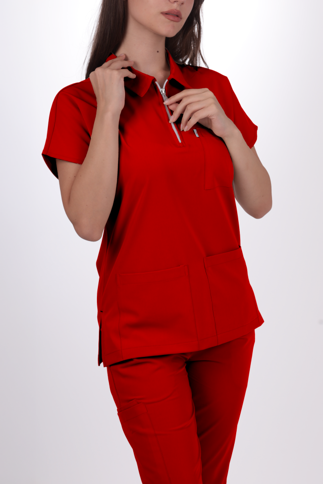 Premium Likralı Zipper Seri Kadın Kırmızı Üniforma Üst