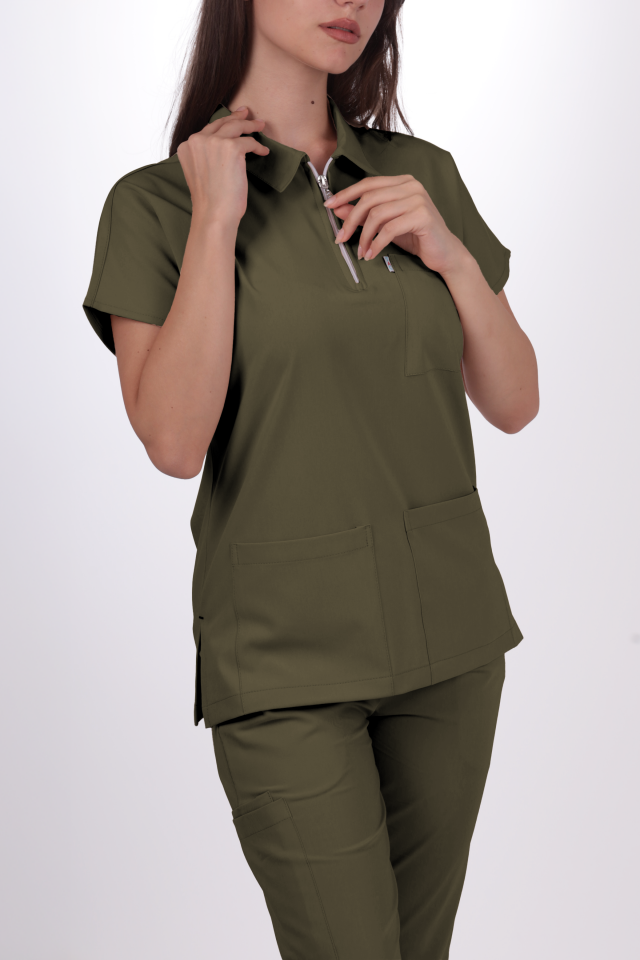 Premium Likralı Zipper Seri Kadın Haki Üniforma Takımı