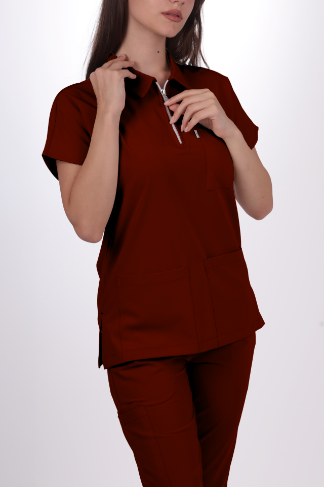 Premium Likralı Zipper Seri Kadın Bordo Üniforma Takımı
