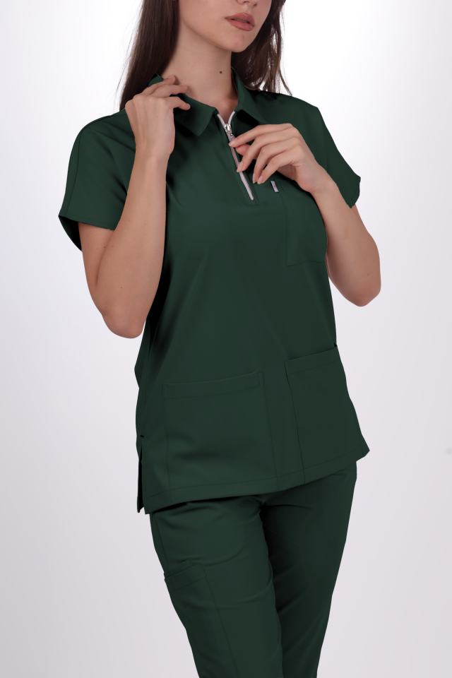 Premium Likralı Zipper Seri Kadın Avcı Yeşili Üniforma Takımı