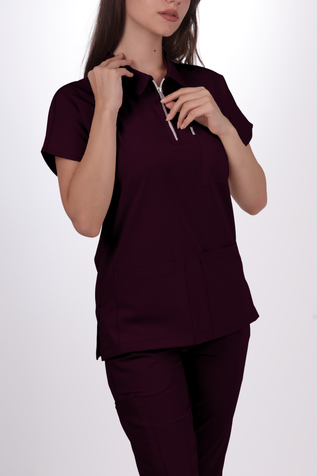 Premium Likralı Zipper Seri Kadın Mürdüm Üniforma Üst