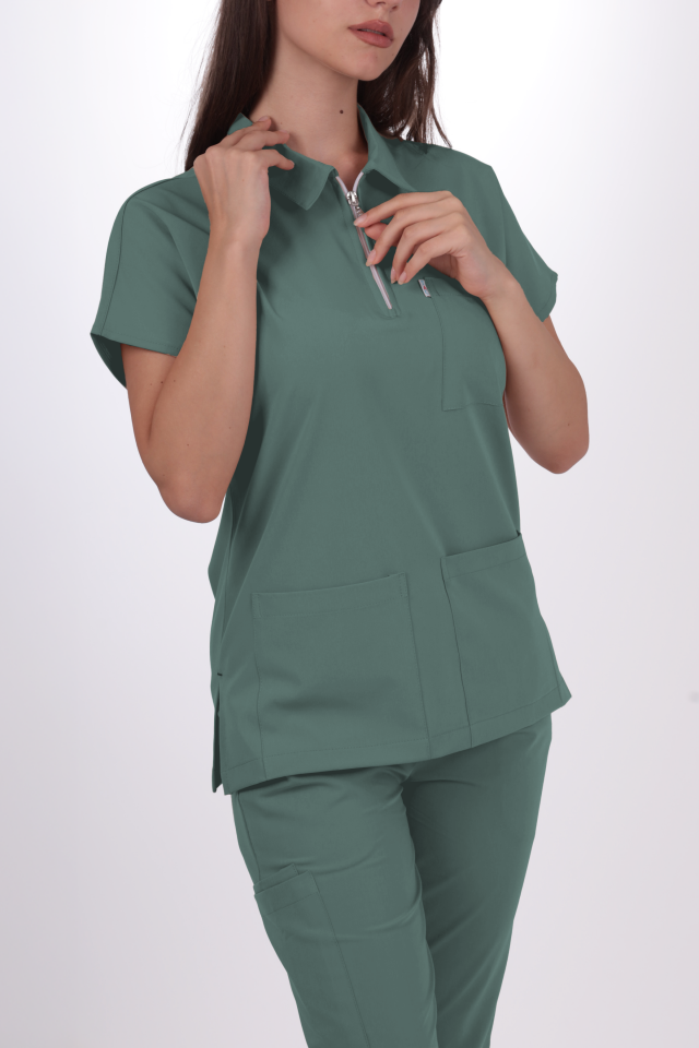 Premium Likralı Zipper Seri Kadın Küf Yeşili Üniforma Üst