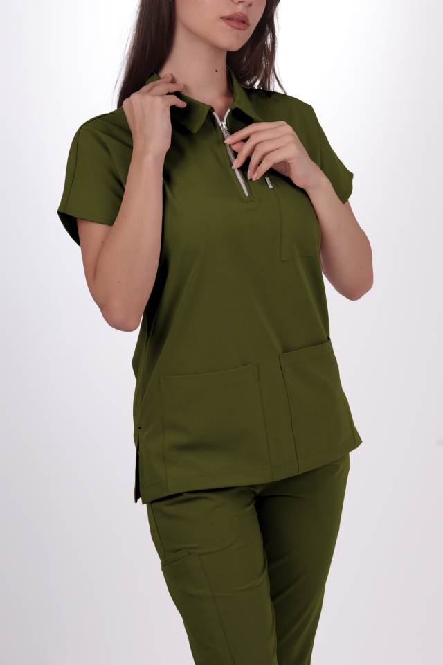 Premium Likralı Zipper Seri Kadın Yağ Yeşili Üniforma Üst