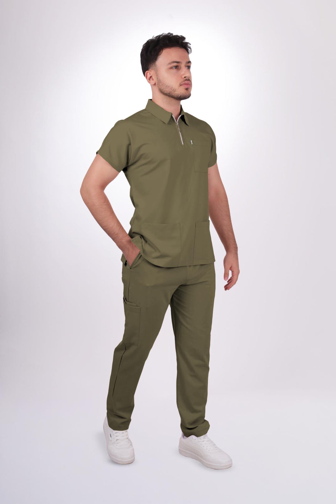 Likralı Zipper Seri Erkek Haki Üniforma Üst