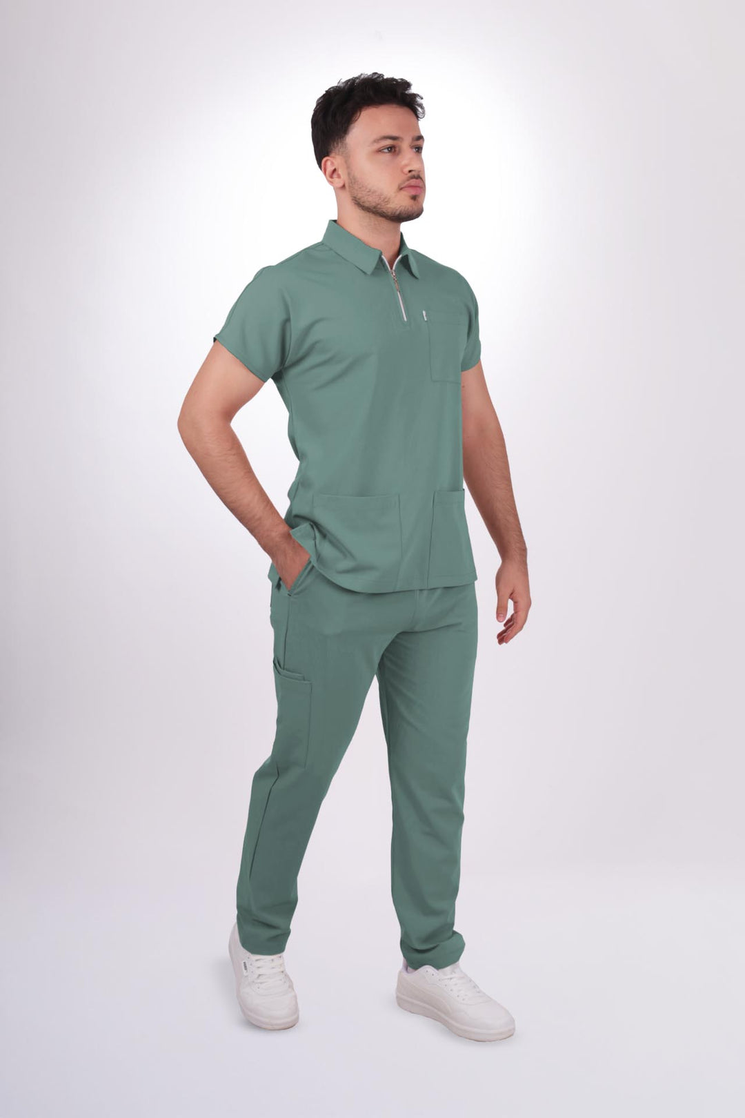 Likralı Zipper Seri Erkek Küf Yeşili Üniforma Takımı