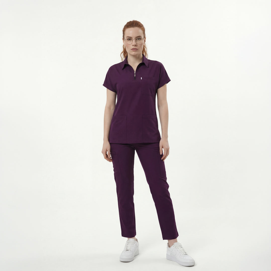 Likralı Zipper Seri Kadın Mürdüm Üniforma Takımı