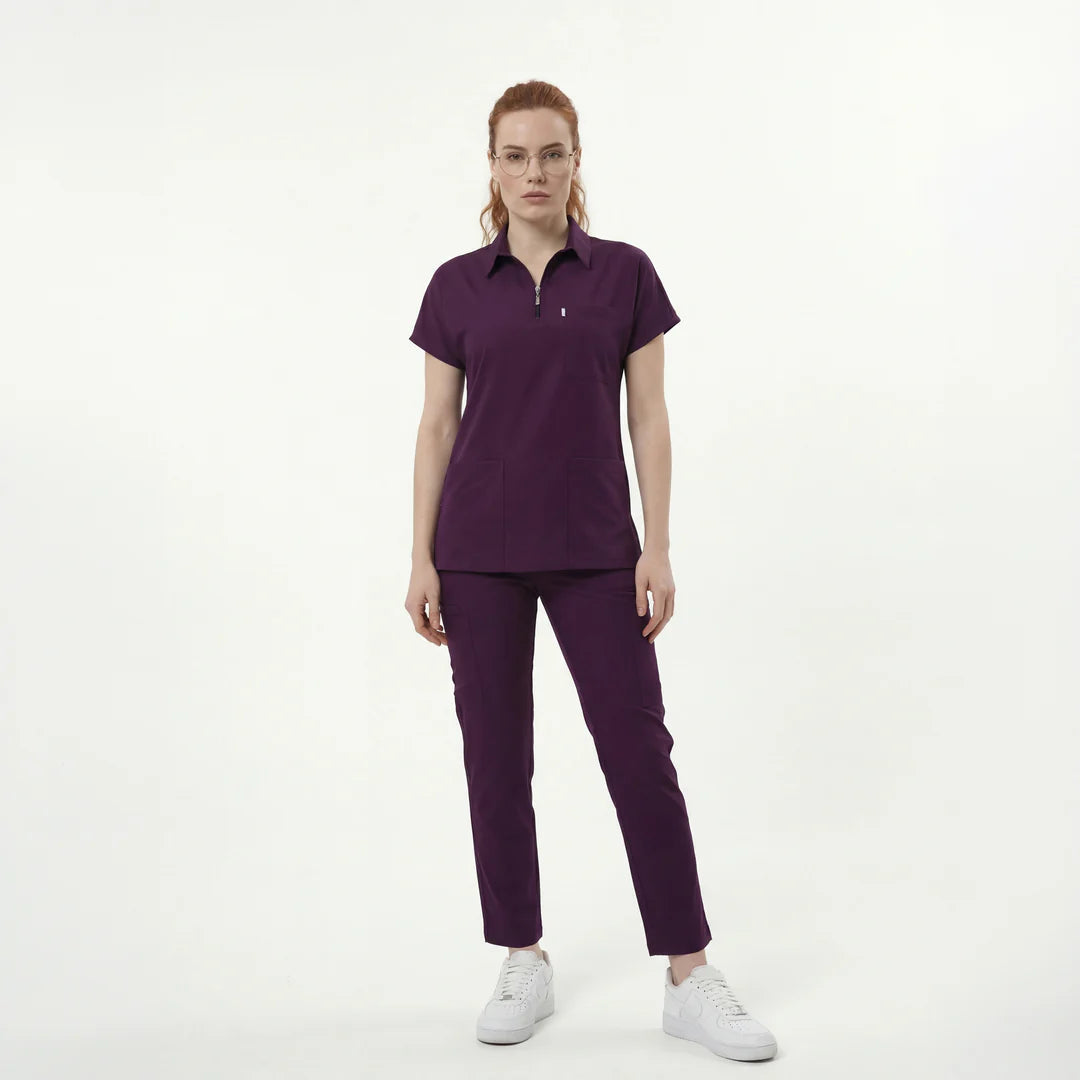 Likralı Zipper Seri Kadın Cerrahi Mürdüm Üniforma Alt