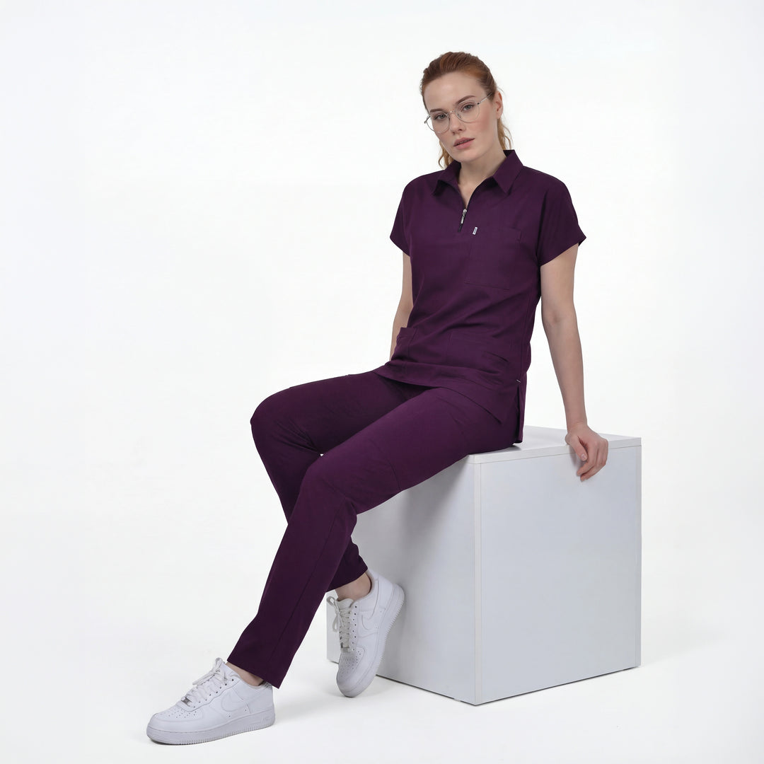 Likralı Zipper Seri Kadın Mürdüm Üniforma Takımı
